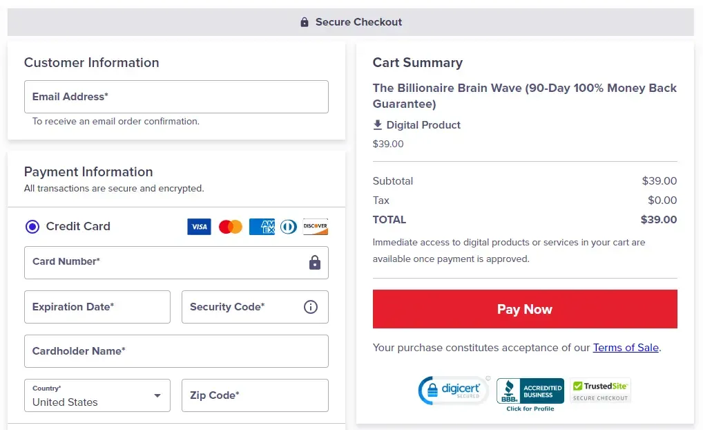 Billionaire Brain Wave Checkout Page